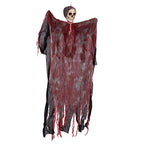 Single hanging skeleton ghost with red, gray and black gauze
