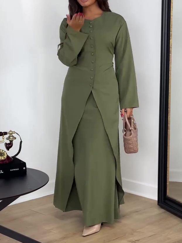 Olive-green button-front long-sleeve top and matching long skirt worn by a model