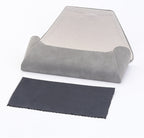 Open grey folding glasses case with a separate black cleaning cloth; sunglasses are not pictured