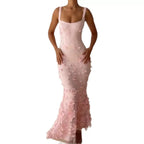 Pink square-neck strappy dress with raised floral details and a flared lower skirt.