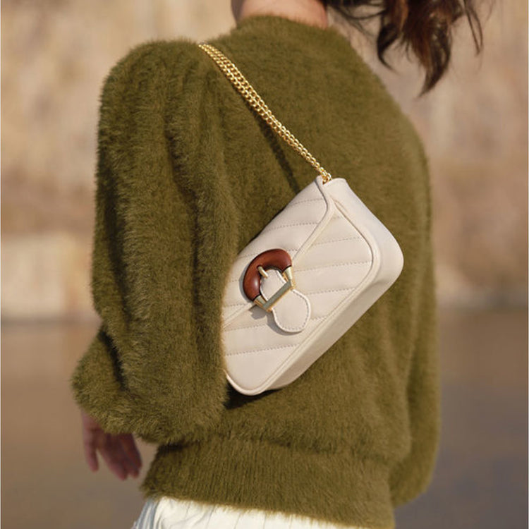 Beige Chain Detail Shoulder Bag worn on the shoulder