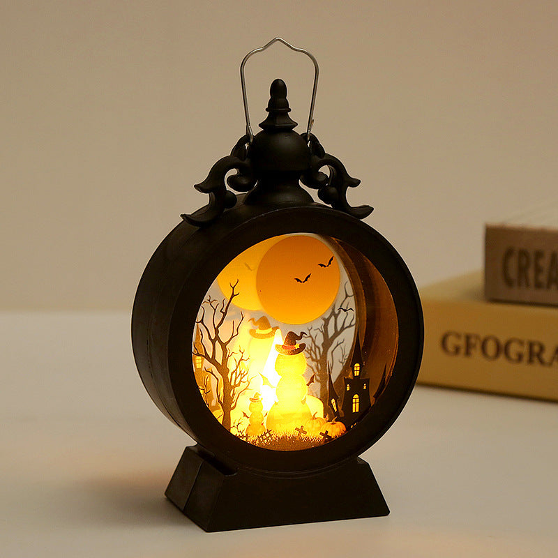 Pumpkin-design Halloween decorative lantern shown illuminated.