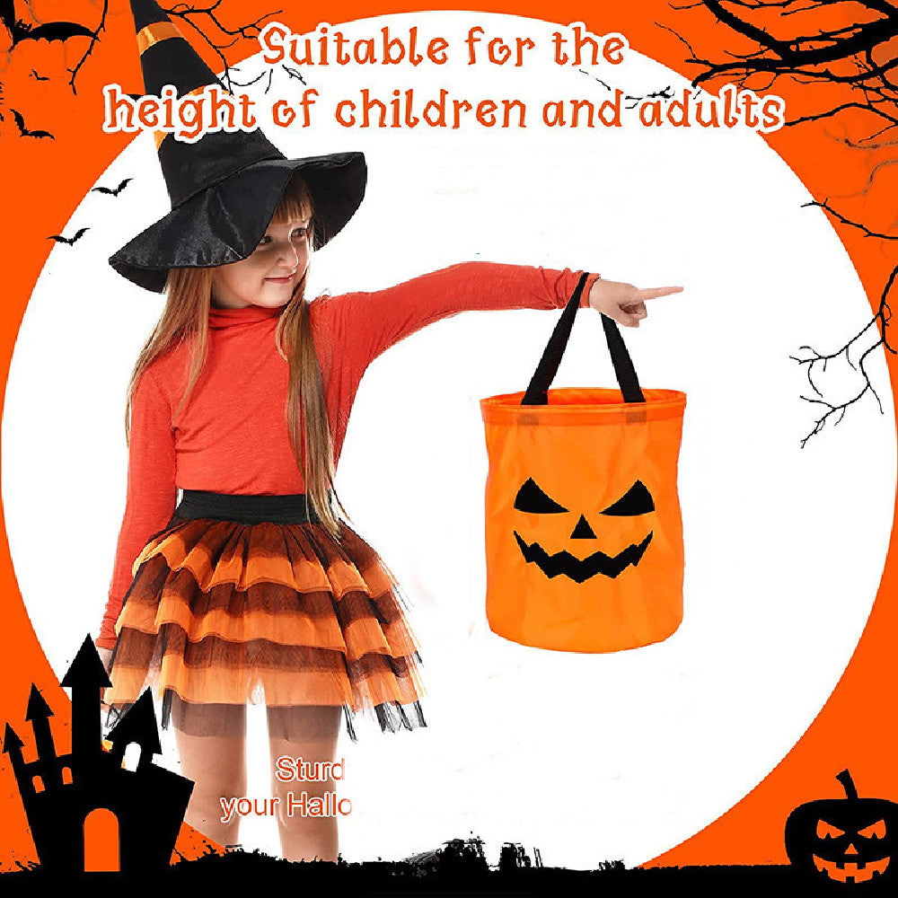 Promotional composite showing a child in a Halloween outfit holding an orange jack-o'-lantern candy bag, with supplier text.