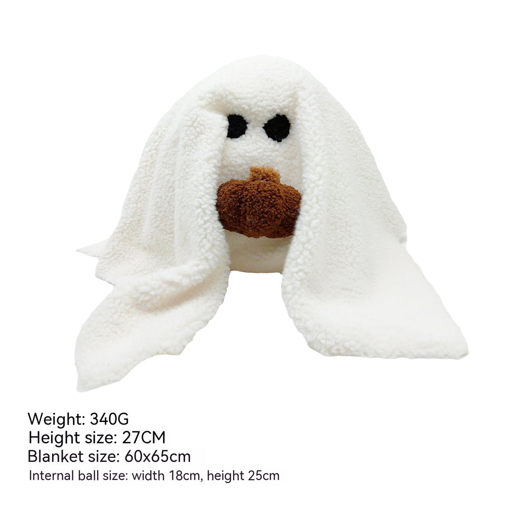 White plush ghost decoration holding a brown pumpkin, with supplier size reference.