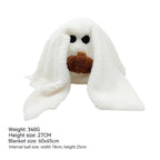 White plush ghost decoration holding a brown pumpkin, with supplier size reference.