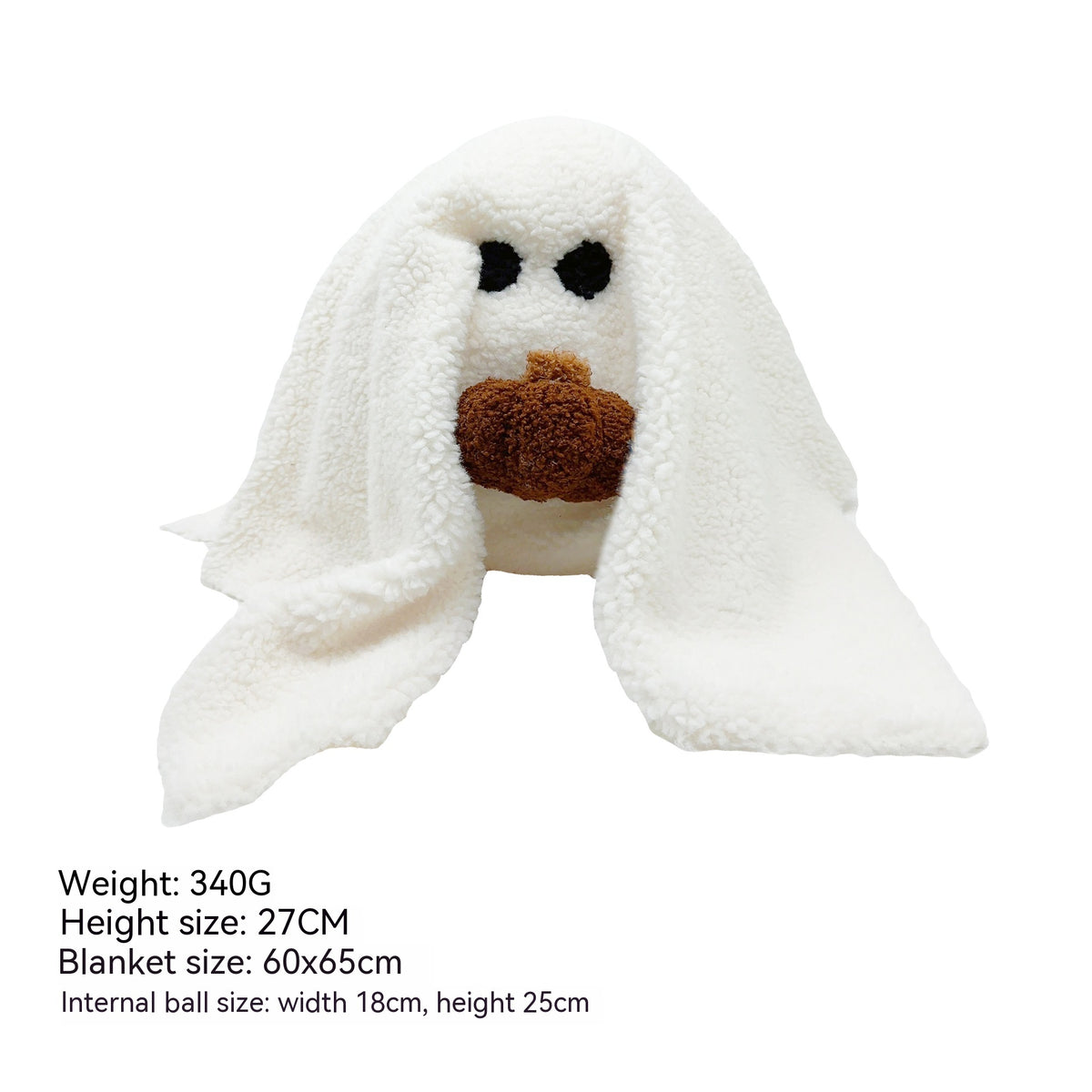 White plush ghost decoration holding a brown pumpkin, with supplier size reference.