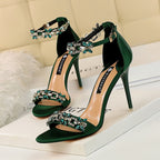 Rhinestone Satin Peep-Toe Heels