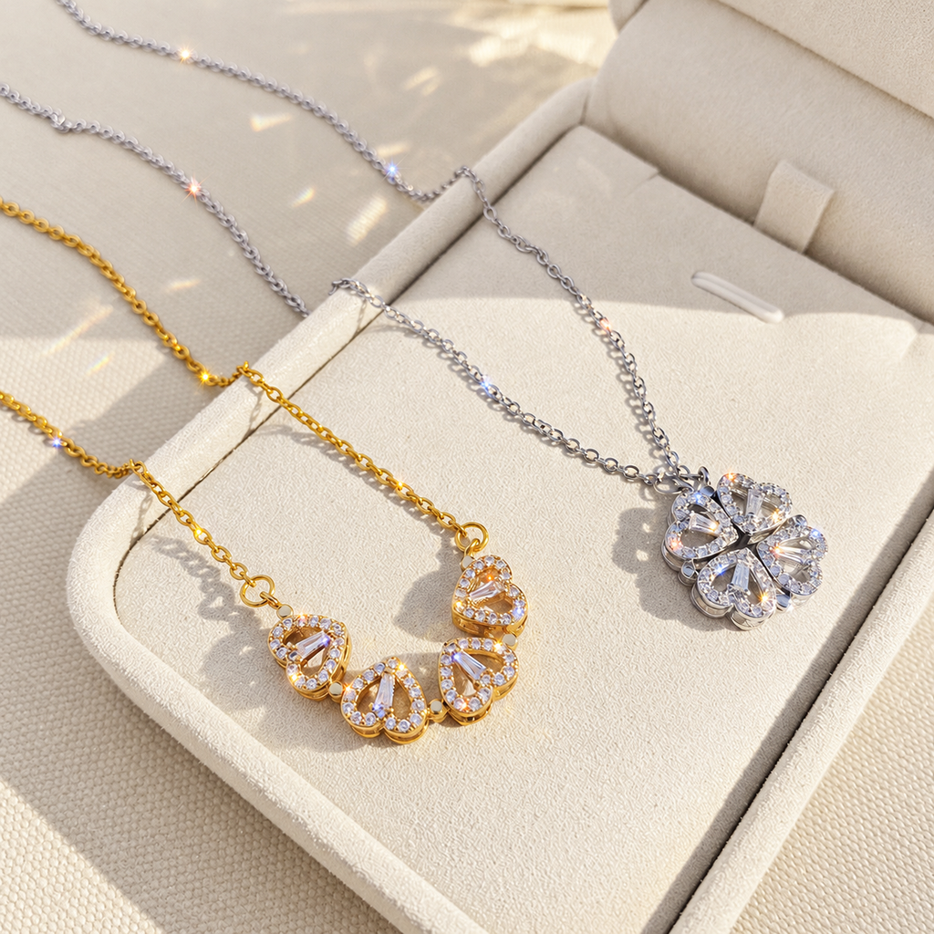 Gold-tone four-heart necklace and silver-tone clover pendant necklace on an ivory display