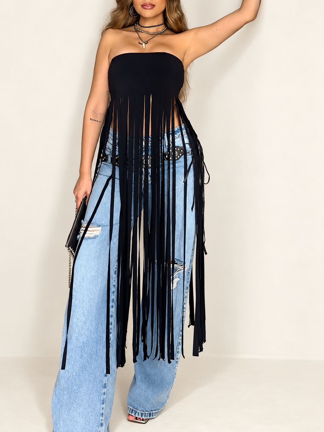 Black Bandeau Fringe Top