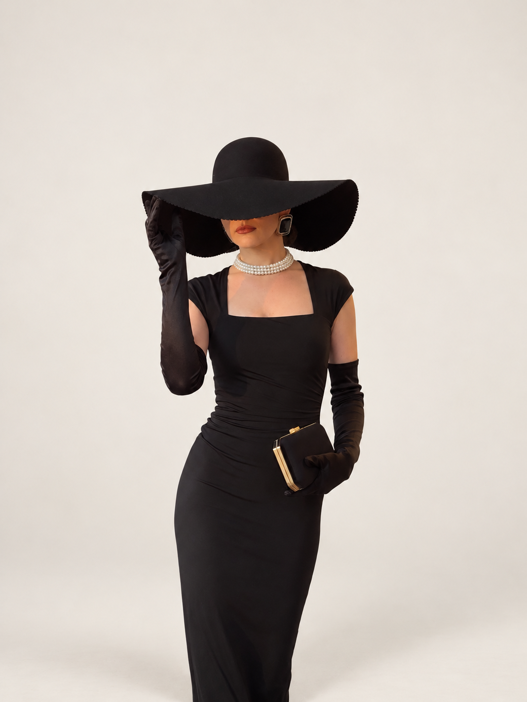 Model wearing a black square-neck fitted dress with long gloves and a wide-brim hat against a warm ivory studio background