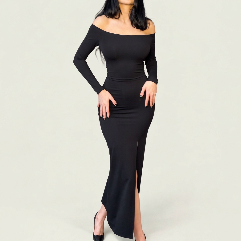 Black Off-Shoulder Slit Maxi Dress