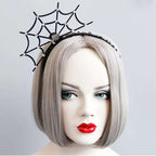 Black spiderweb Halloween headband displayed on a wigged mannequin