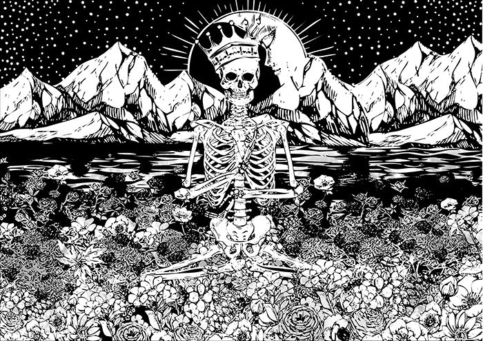 Black and white tapestry artwork showing a crowned seated skeleton among flowers and mountains, with a radiating circle behind its head.