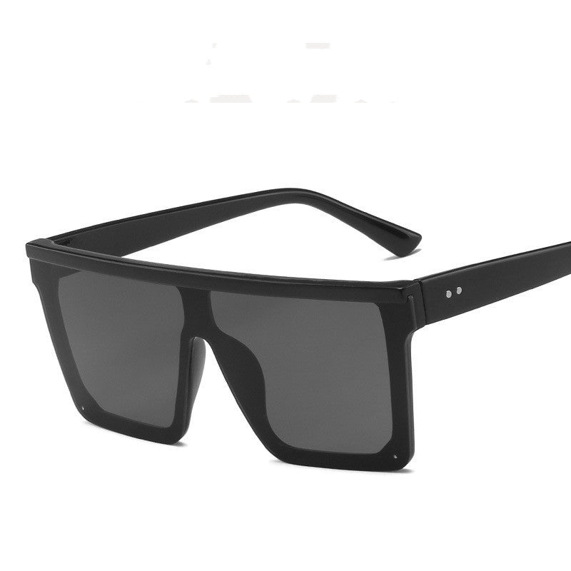 Black square-frame sunglasses with a straight browline and two silver-tone temple studs