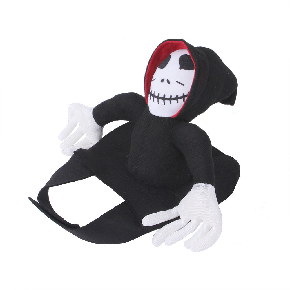 Black hooded skeleton rider pet costume with white face and hands and adjustable black straps