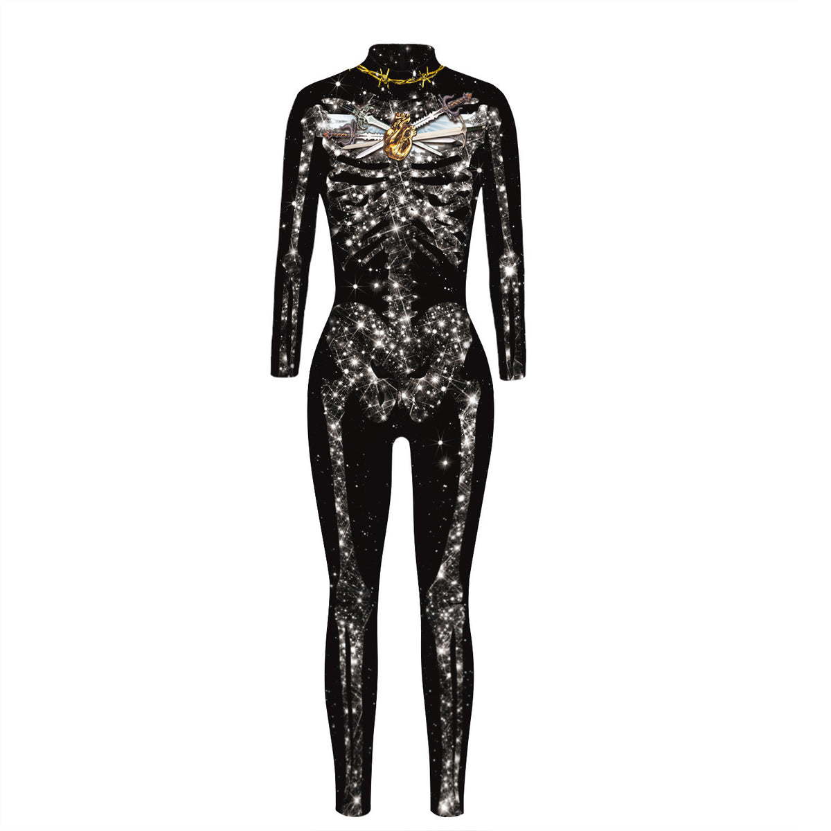 Black long-sleeve jumpsuit with a silver skeleton, star-like details and gold heart motif printed on the front, shown on a white background.
