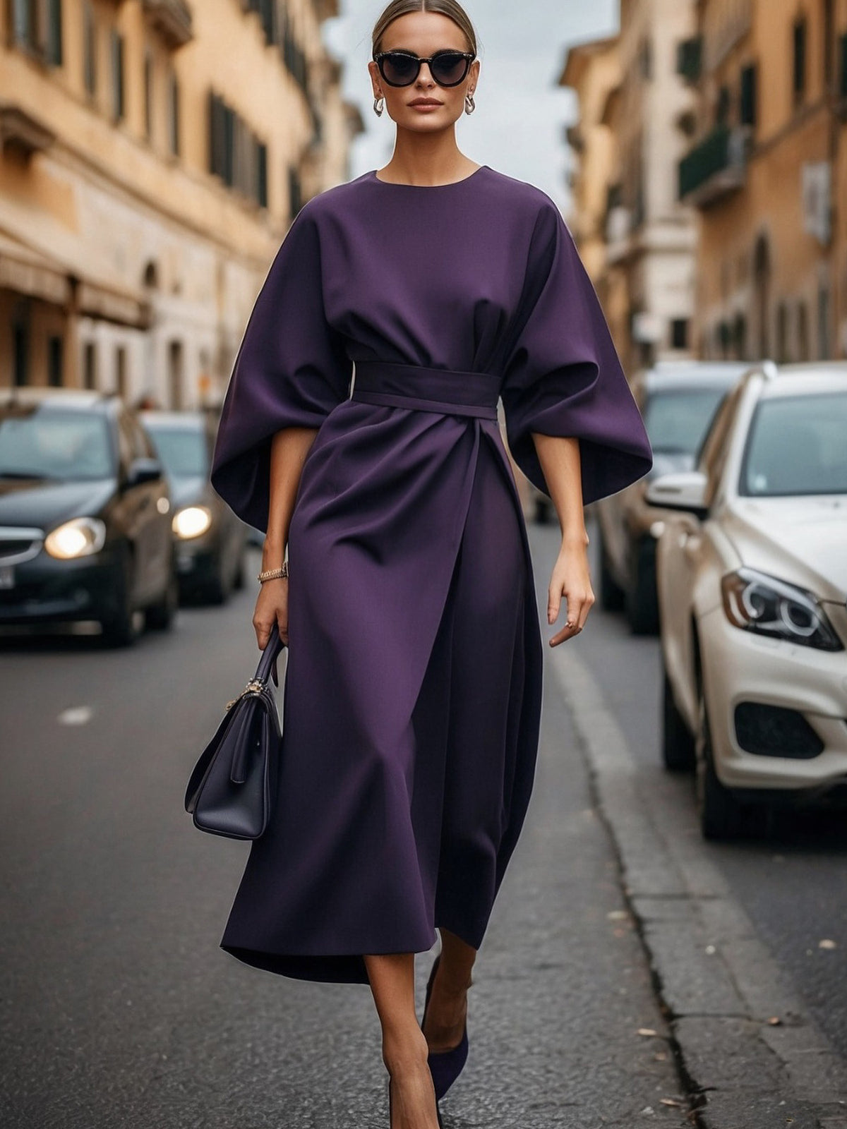 Model wearing a purple round-neck dress with wide sleeves and a waist sash on a street