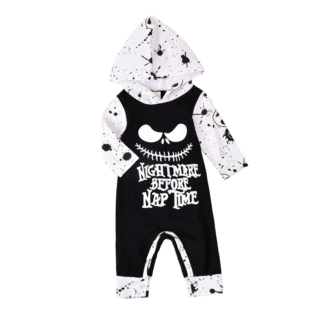 Black-and-white hooded Halloween romper with a skull face and printed lettering