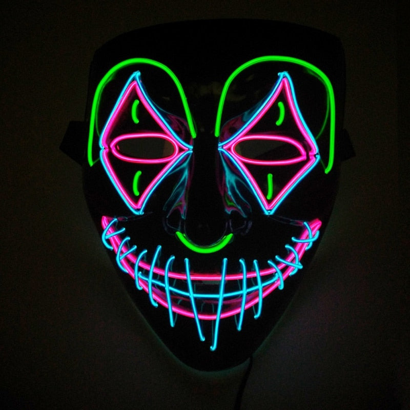 Single light-up Halloween mask with pink, blue and green outlines