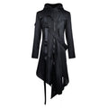 Black hooded costume coat with front zip, decorative straps and asymmetric hem