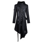 Black hooded costume coat with front zip, decorative straps and asymmetric hem