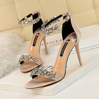 Rhinestone Satin Peep-Toe Heels