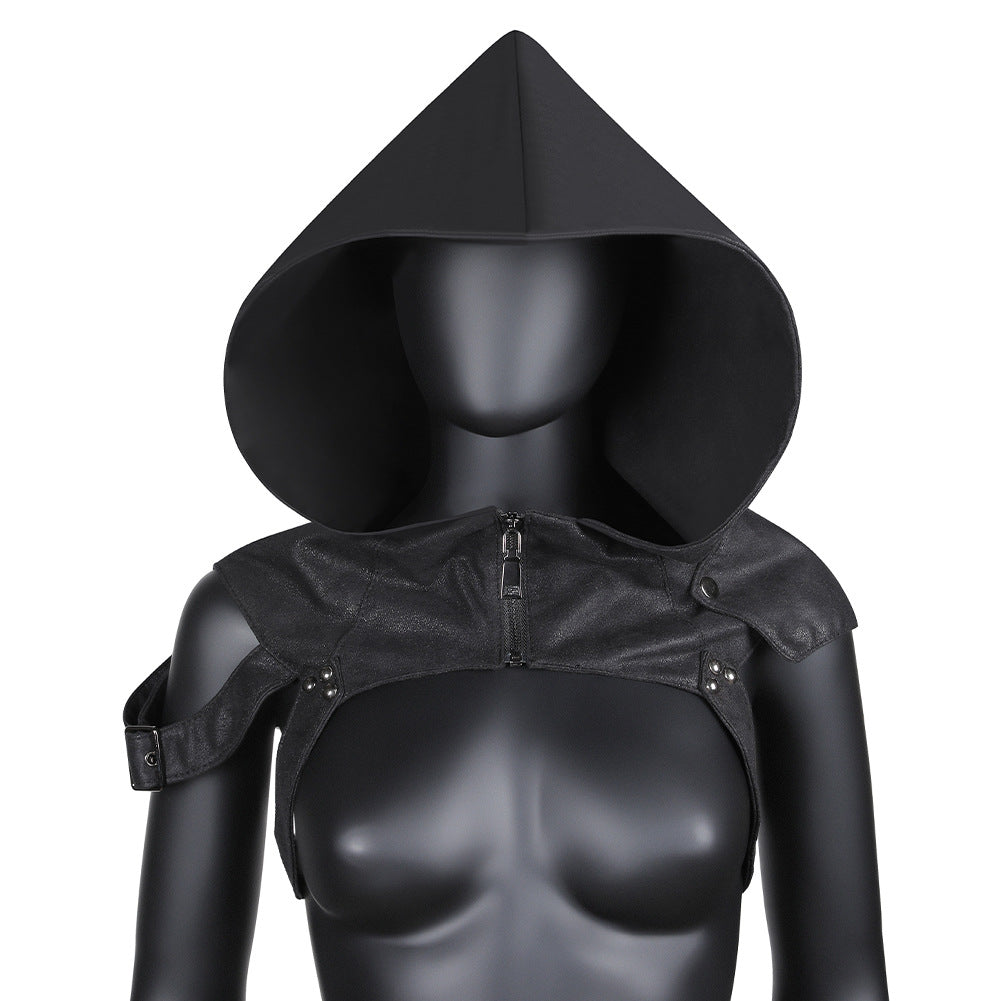 Black hooded costume headpiece with shoulder straps and front zip, displayed on a mannequin