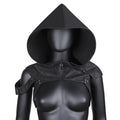 Black hooded costume headpiece with shoulder straps and front zip, displayed on a mannequin