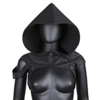 Black hooded costume headpiece with shoulder straps and front zip, displayed on a mannequin