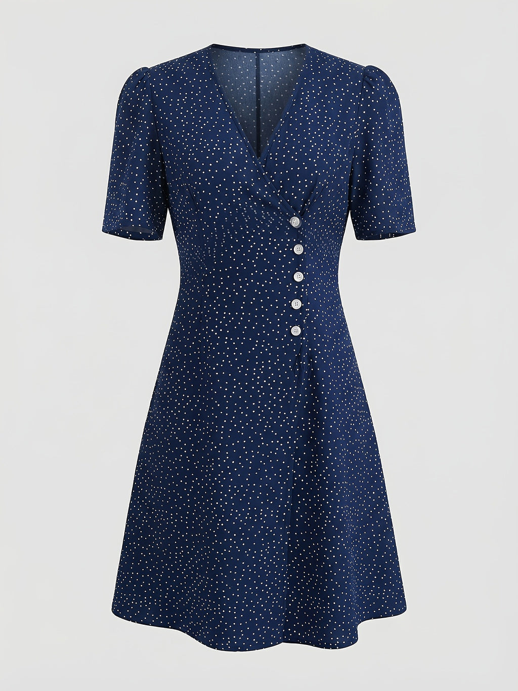 Blue V-neck dress with small white dots, short sleeves and front buttons — full product view