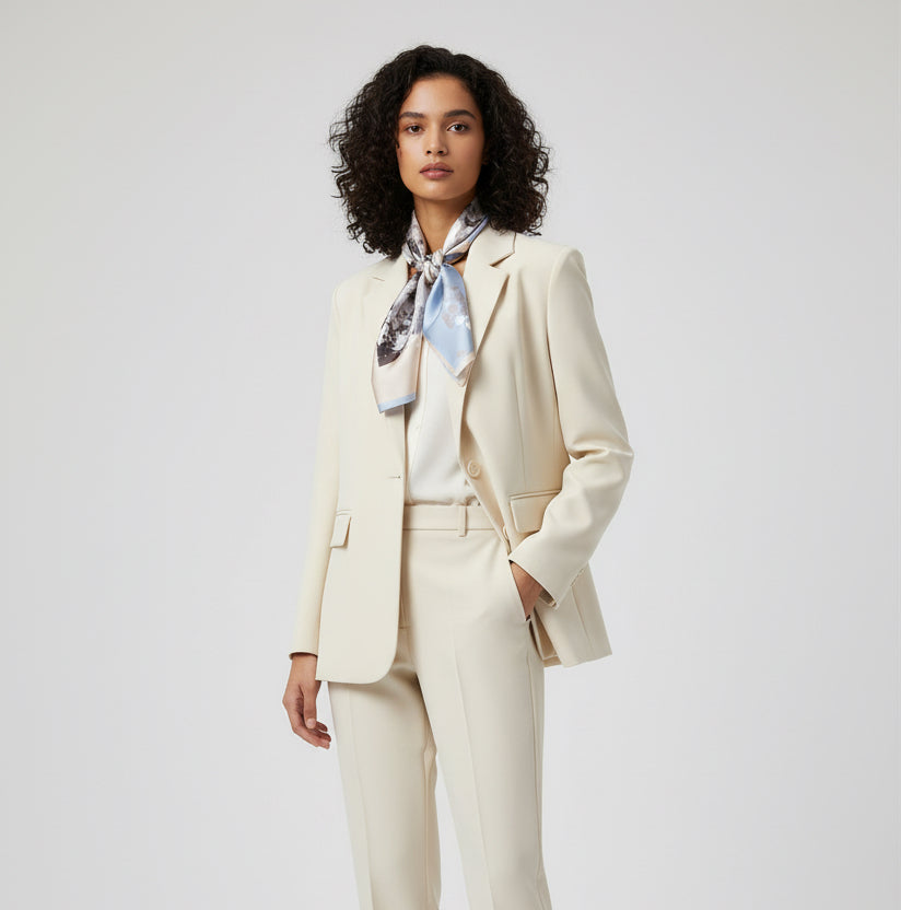 Printed square scarf tied at the neck with a cream suit