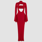 Red long-sleeve cutout maxi dress with a neck scarf on a light gray background