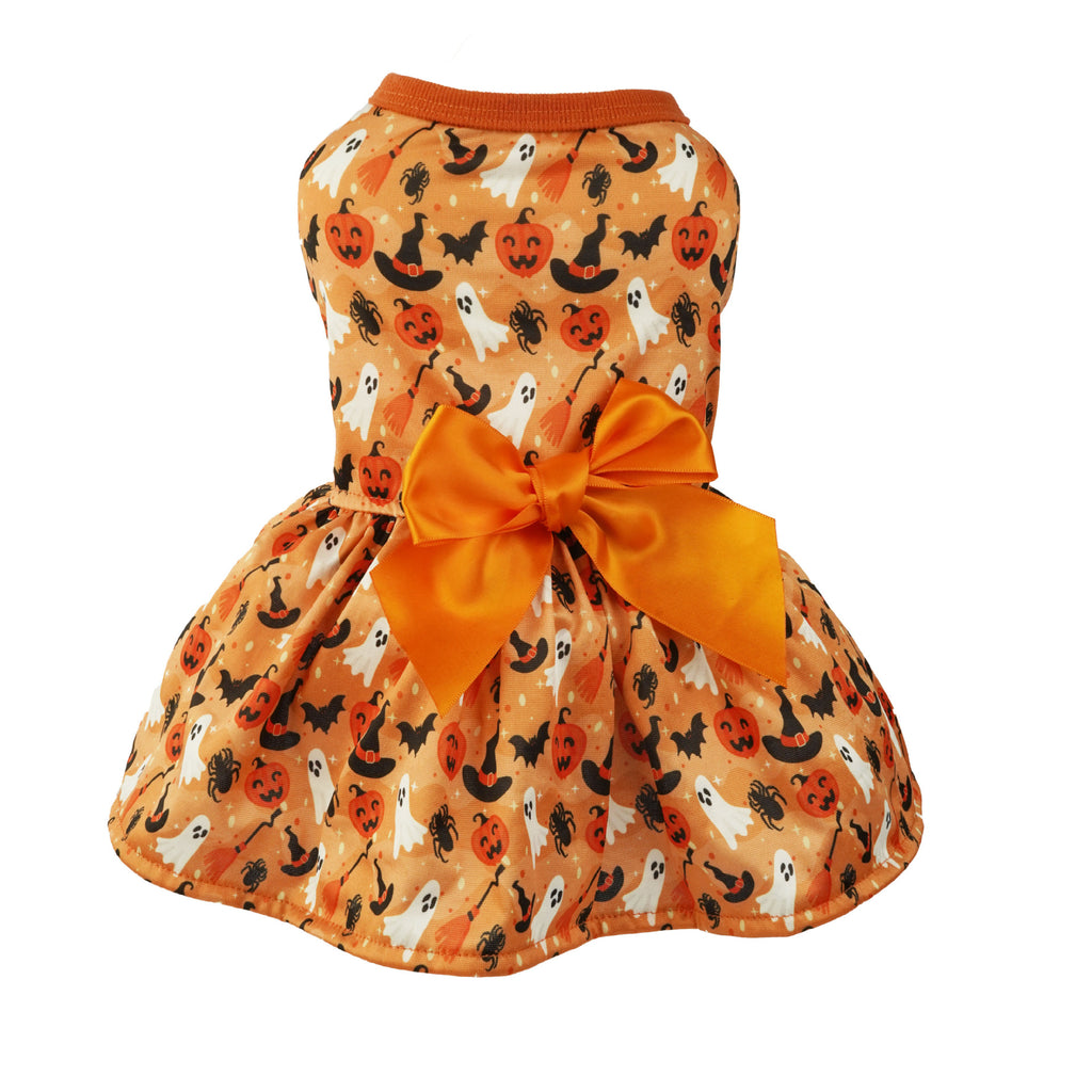 Orange Halloween pet dress with printed motifs and a large orange bow.