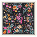 Black botanical scarf shown flat with multicolour flowers and a pale border