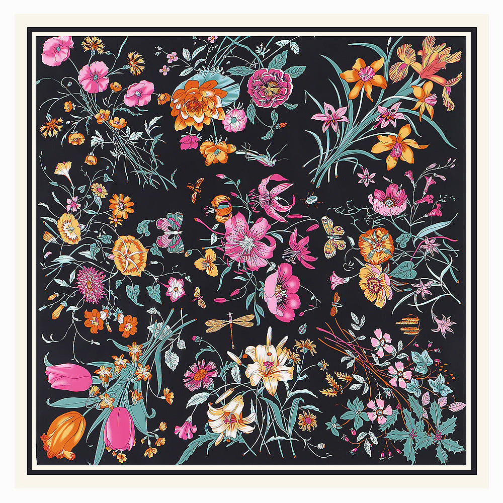 Black botanical scarf shown flat with multicolour flowers and a pale border