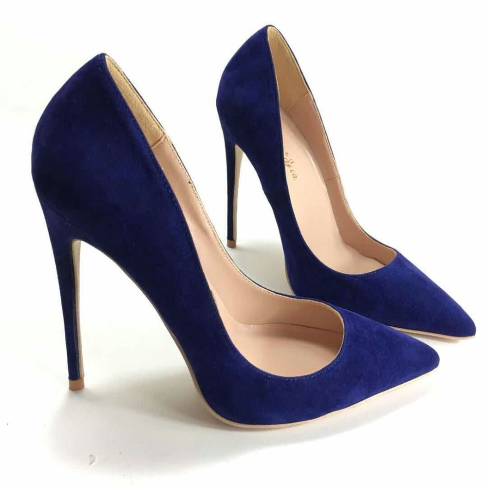 Blue pointed-toe pumps with slim stiletto heels and a low-cut opening.