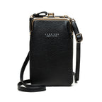 Black textured crossbody bag with gold-tone clasp and matching shoulder strap