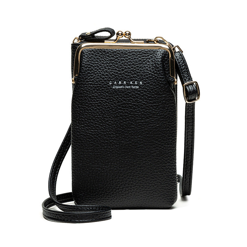 Black textured crossbody bag with gold-tone clasp and matching shoulder strap