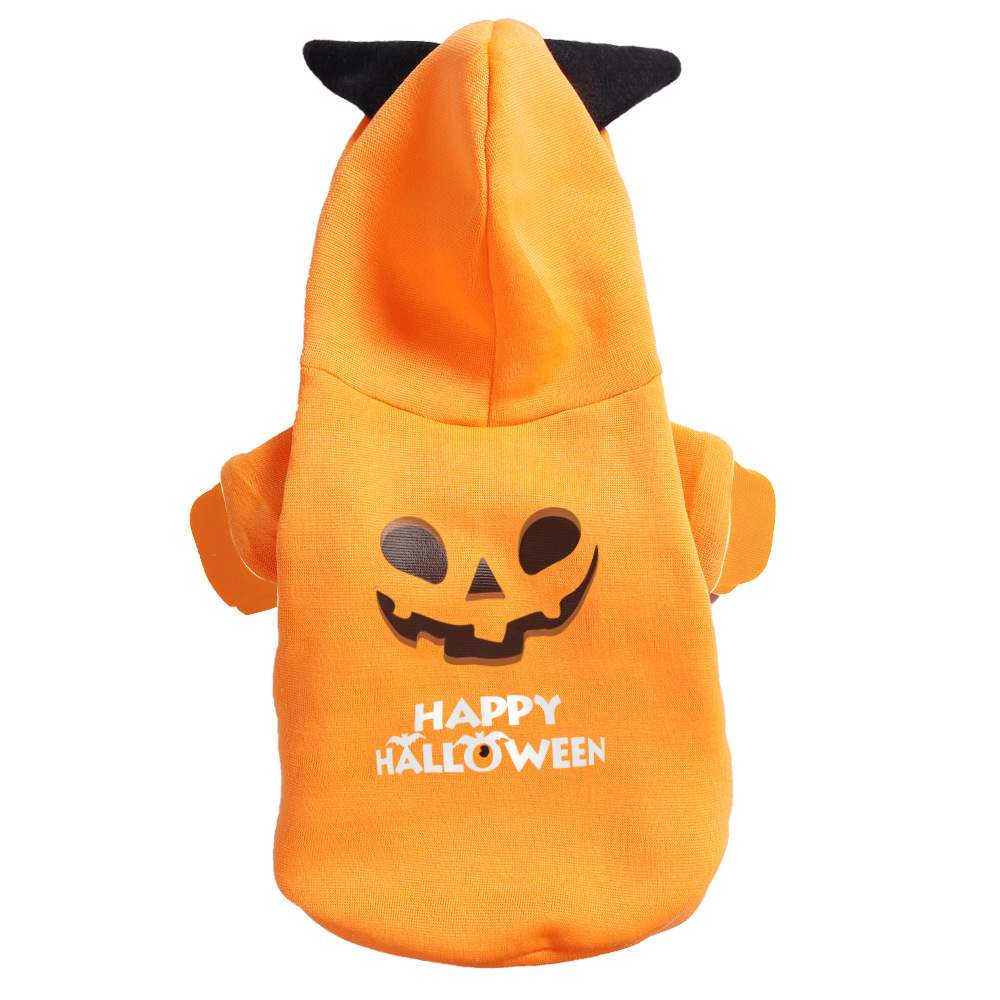 Yellow Halloween pet hoodie with a pumpkin face and Happy Halloween print.