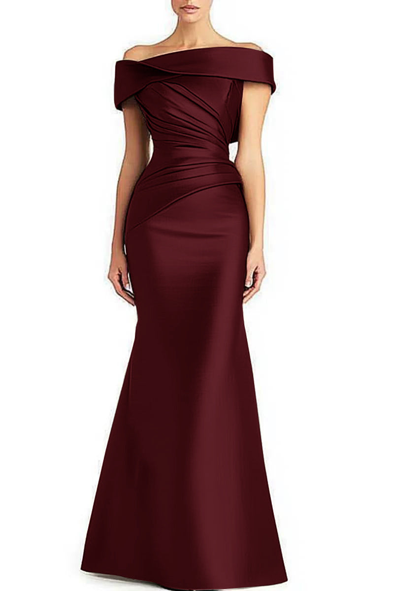 Wine-red off-shoulder floor-length gown with a folded neckline and asymmetric pleats across the bodice and waist