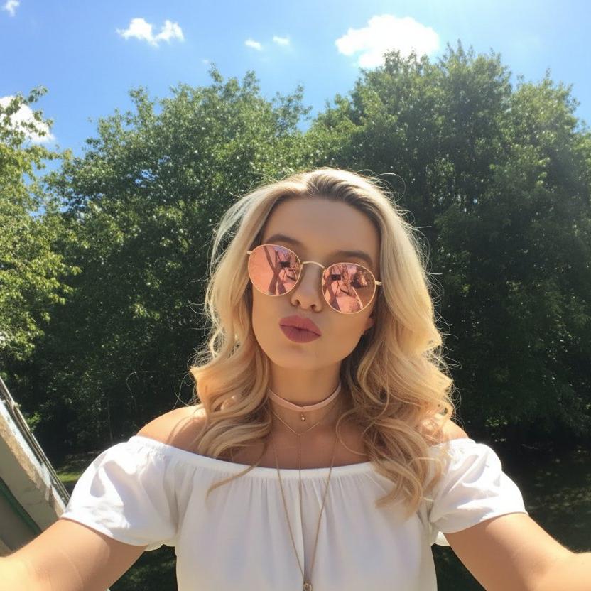 Gold-tone round metal-frame sunglasses with pink mirrored lenses, worn outdoors