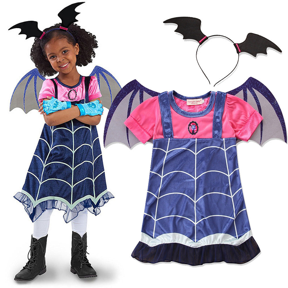 Blue and pink Halloween dress with web print, shown flat and worn