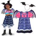 Blue and pink Halloween dress with web print, shown flat and worn