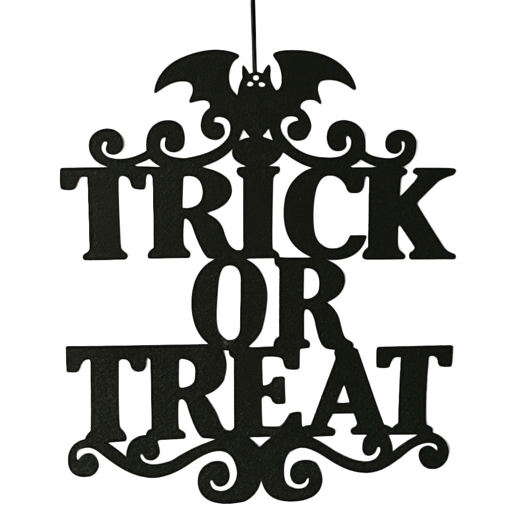 Black Trick Or Treat Halloween hanging sign with bat and scroll details