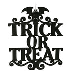 Black Trick Or Treat Halloween hanging sign with bat and scroll details