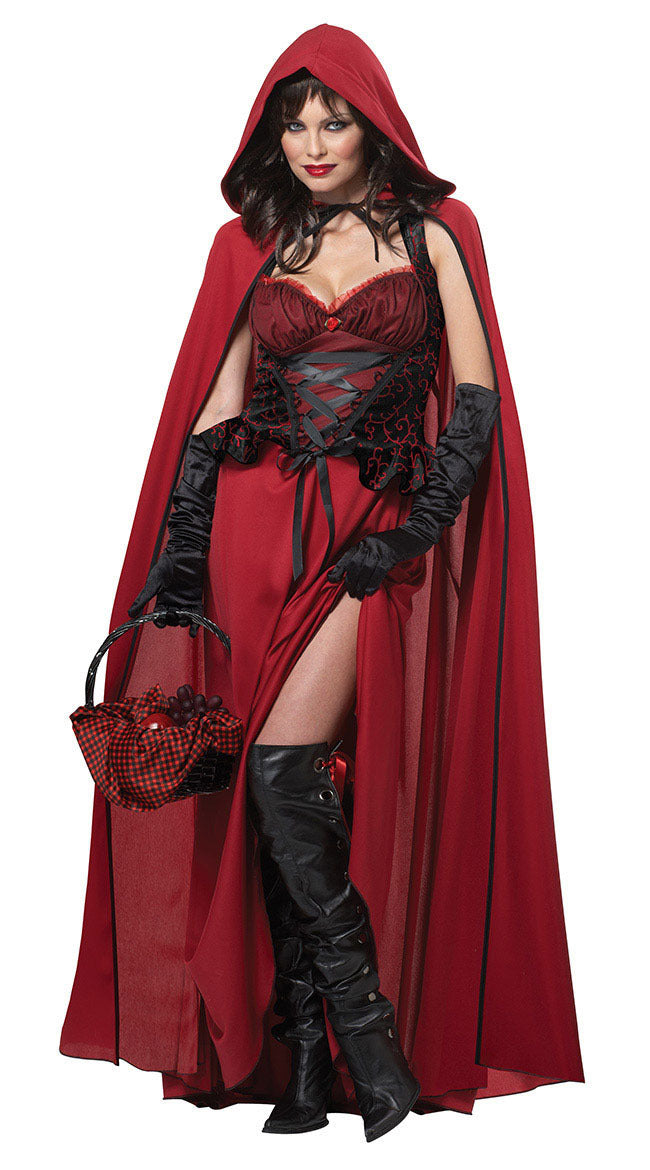 Red hooded Halloween costume shown worn on a model.