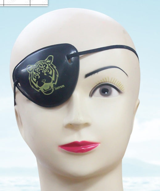 Black costume eye patch with tiger artwork, displayed on a mannequin