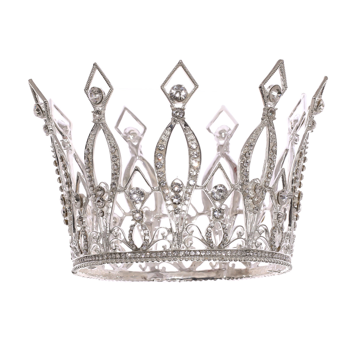 Silver-tone occasion crown with openwork detailing on a white background.