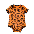 Orange short-sleeve baby romper with black pumpkin, skull and bat print and black trim