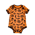 Orange short-sleeve baby romper with black pumpkin, skull and bat print and black trim